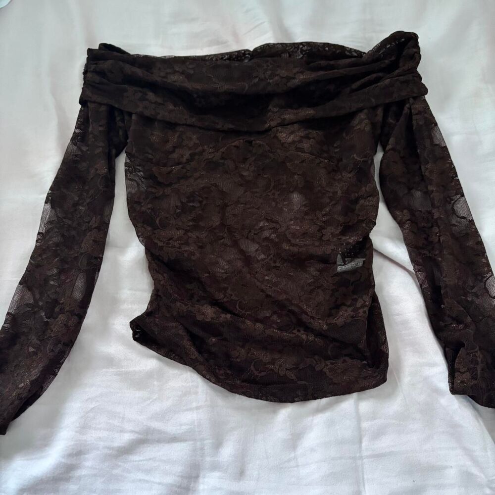 SHEIN Off the Shoulder Long Sleeve Lace Women's Brown Crop-top Festival Blouse